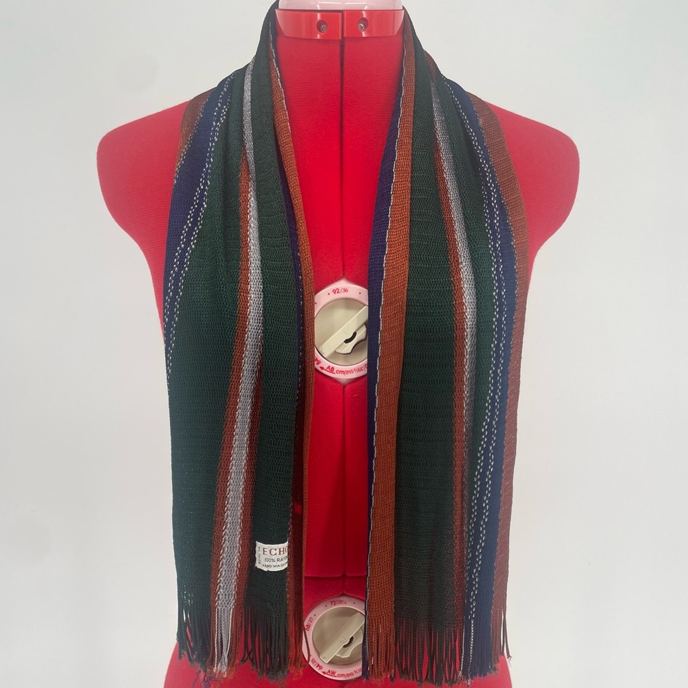 Vintage Echo 1980s Rayon Fringe Scarf Stripes In Autumn Colors
